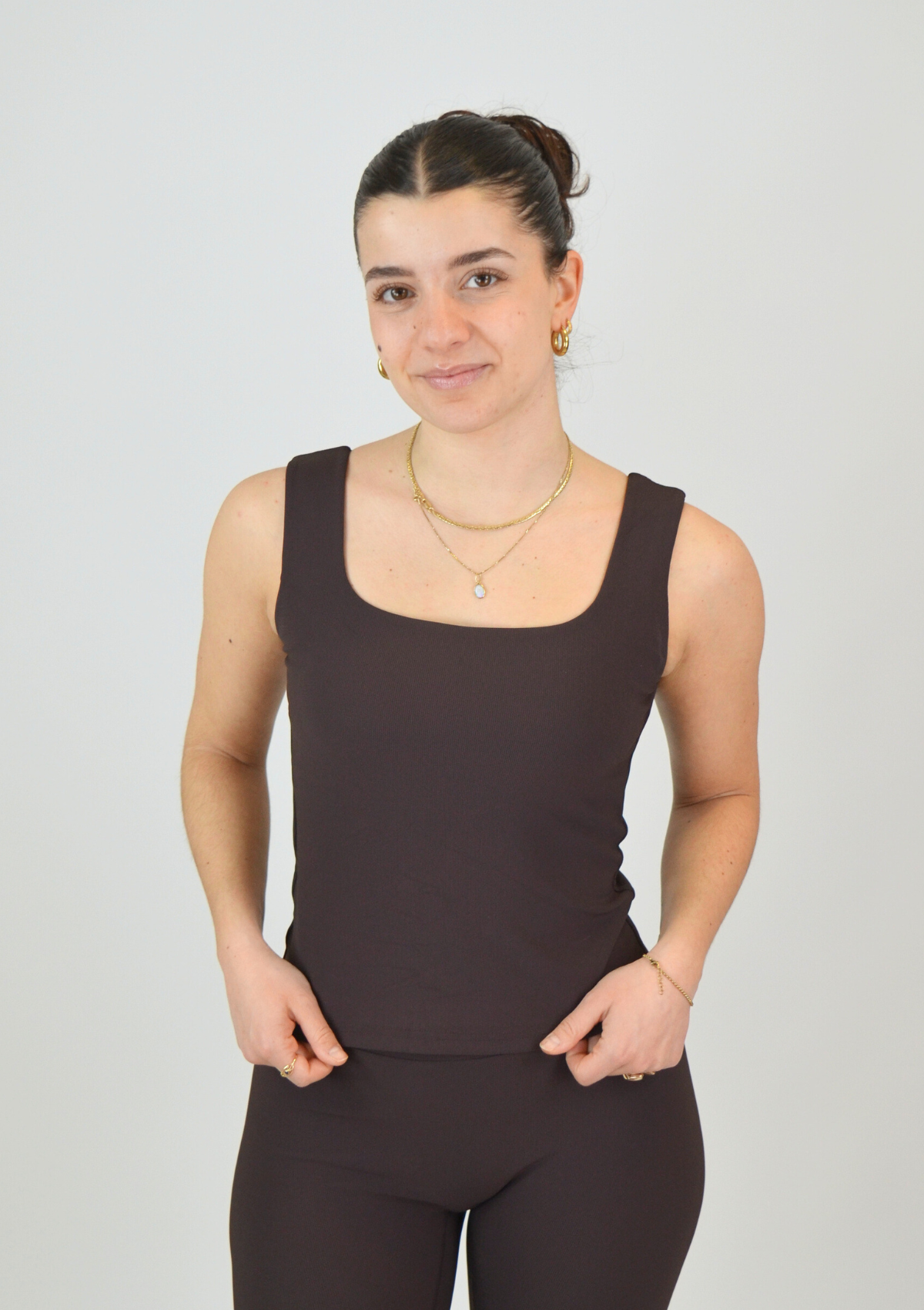 Ribbed Basic Top with Built in Bra - Espresso